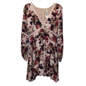 Cottagecore Babydoll Dress Women Size Small Floral Vneck Pink Long Sleeve Lace